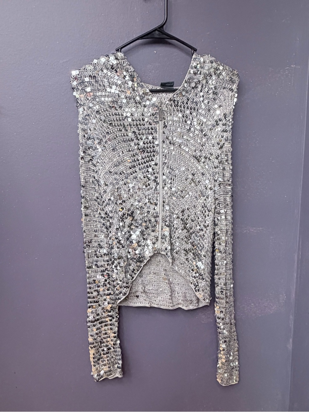 Roccobarocco Jeans Silver Sequin Metallic Knit Zip Top Jacket Y2K